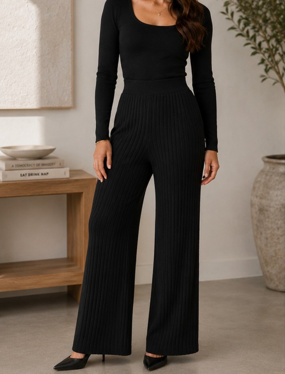 Finders Keepers Black Ribbed Wide-Leg Pants